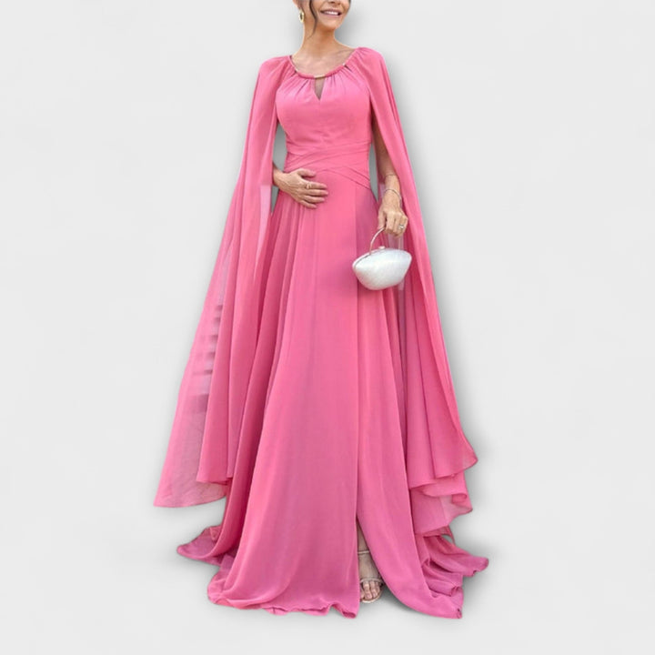 Mabel - Elegantní maxi šaty s pláštěm a vysokým rozparkem