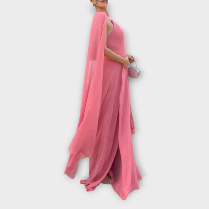 Mabel - Elegantní maxi šaty s pláštěm a vysokým rozparkem