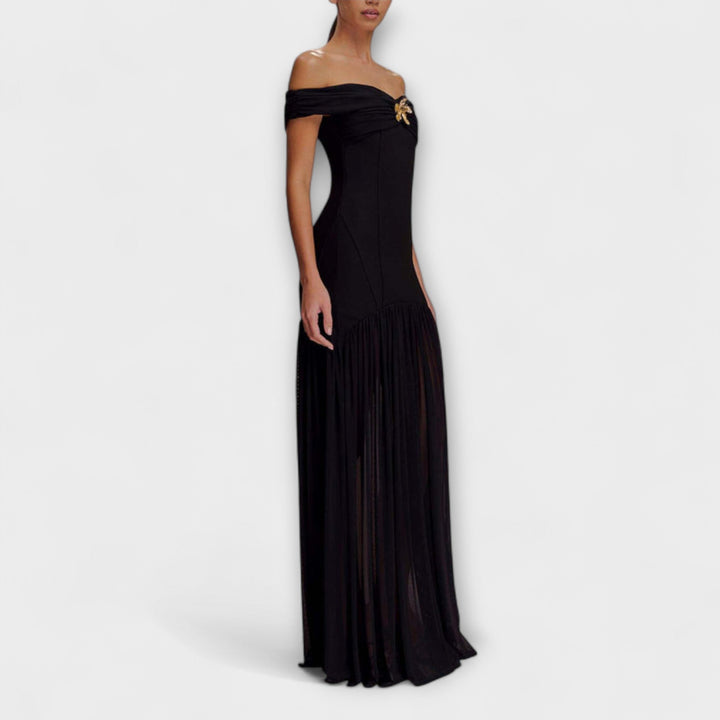 Maelie - Elegantní maxi bodycon šaty bez ramínek s květinovými ozdobami