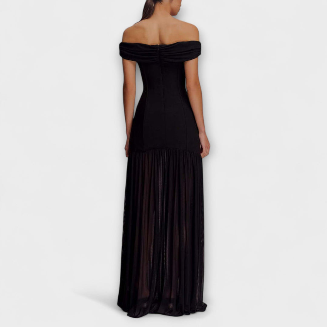 Maelie - Elegantní maxi bodycon šaty bez ramínek s květinovými ozdobami