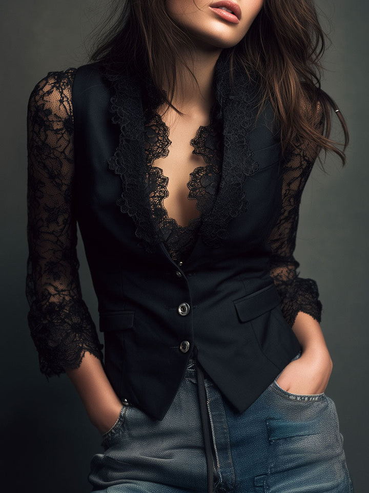 Noémie | Černý Blazer s Poloprůhlednými Rukávy