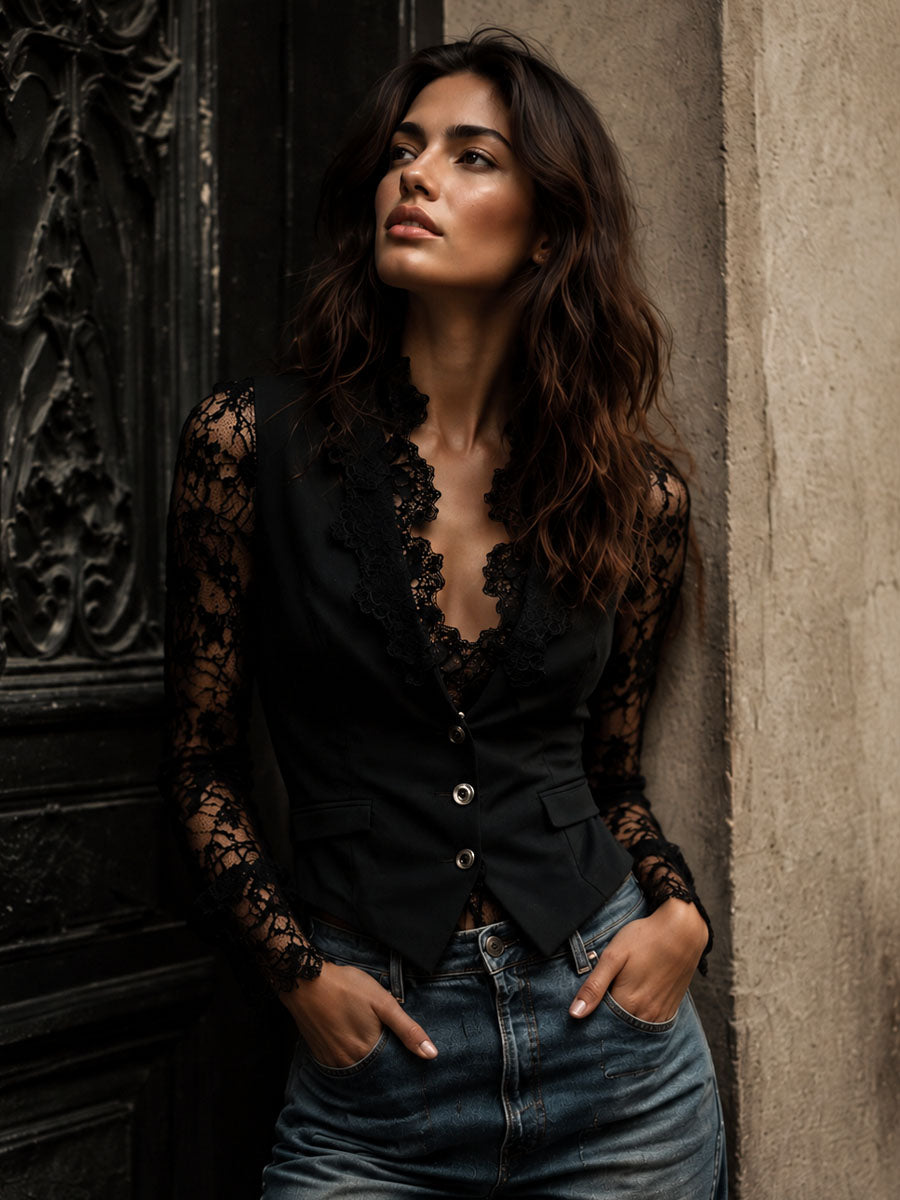 Noémie | Černý Blazer s Poloprůhlednými Rukávy