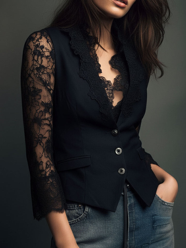 Noémie | Černý Blazer s Poloprůhlednými Rukávy