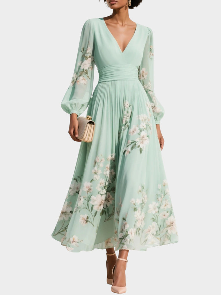 Anastasia™ | Midi šaty z chiffon s V výstřihem a světle zeleným květinovým potiskem