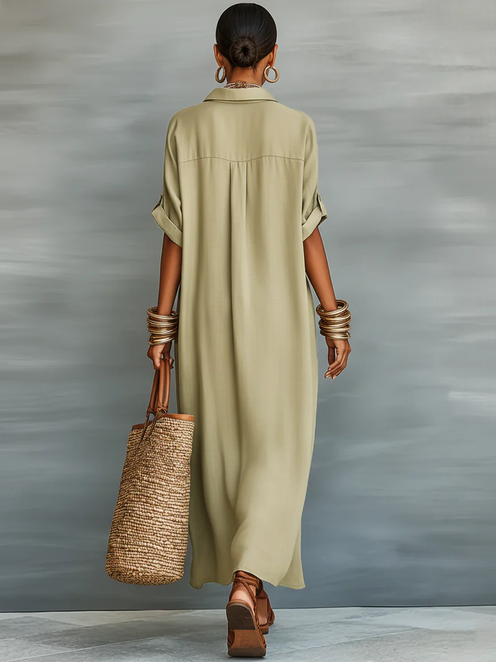 Manelle™ | Maxi šaty olivově zelené s minimalistickým designem