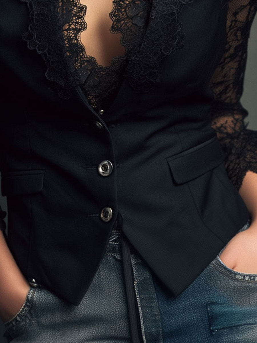Noémie | Černý Blazer s Poloprůhlednými Rukávy