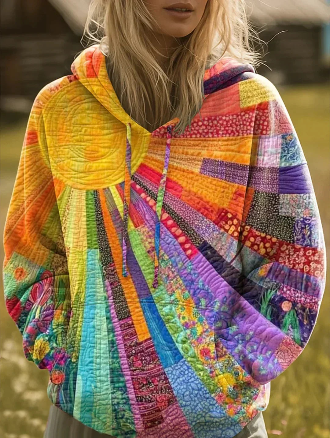 DAWNELLA™ | BOHO MIKINA S BAREVNÝM PATCHWORKOVÝM VZOREM